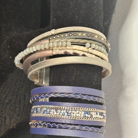 Leather 1-Beads Jewels Silver Purple Blue and 2-Silver Beige Leopard Bracelets - Picture 5 of 9